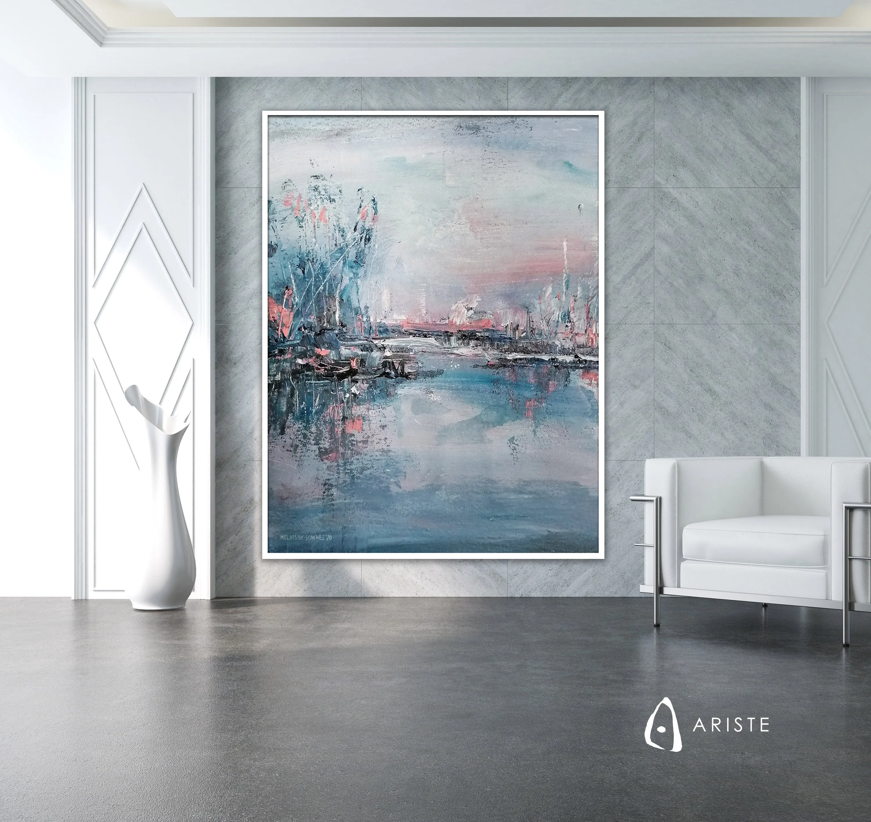 Blue & pink oversized abstract landscape made to order in a custom size