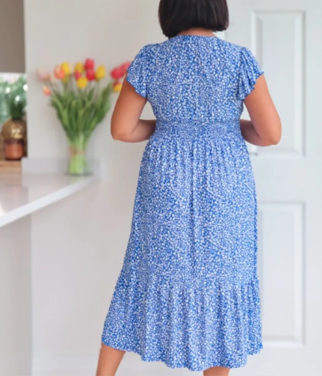 Blue Ditsy Floral Shirred Midi Dress