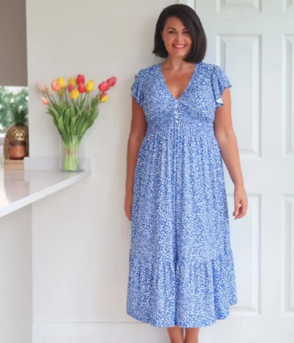 Blue Ditsy Floral Shirred Midi Dress