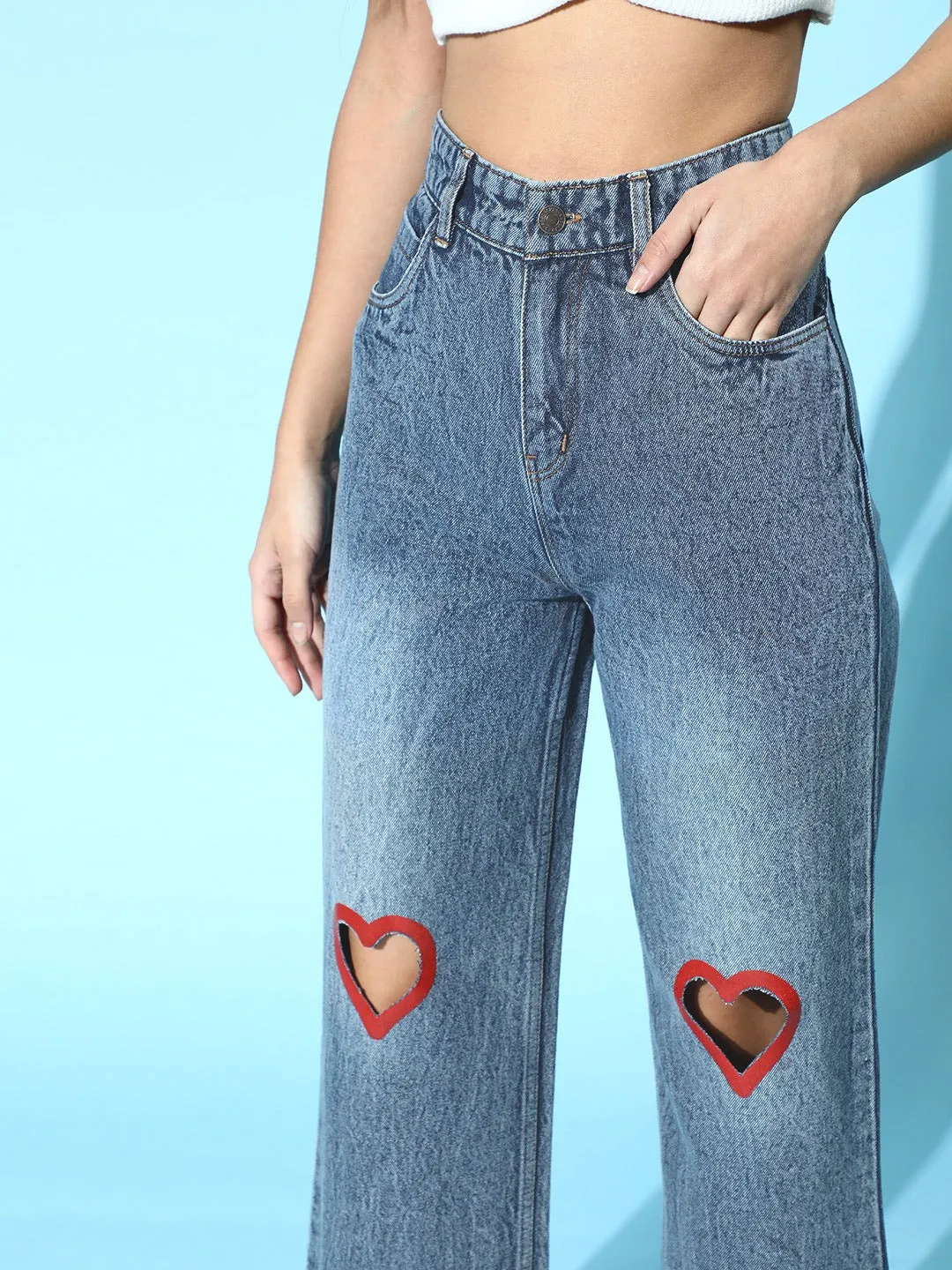 Blue Heart Cut Out Straight Jeans