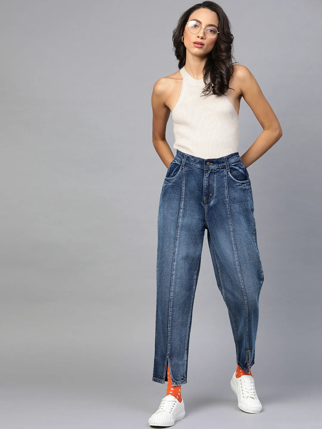 Blue High Waist Front Slit Jeans