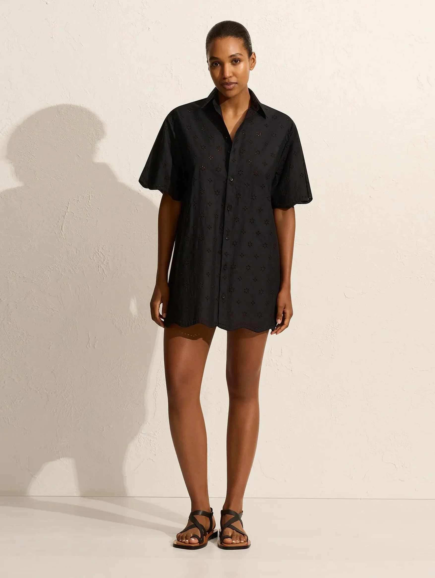 Broderie Mini Shirt Dress in Black