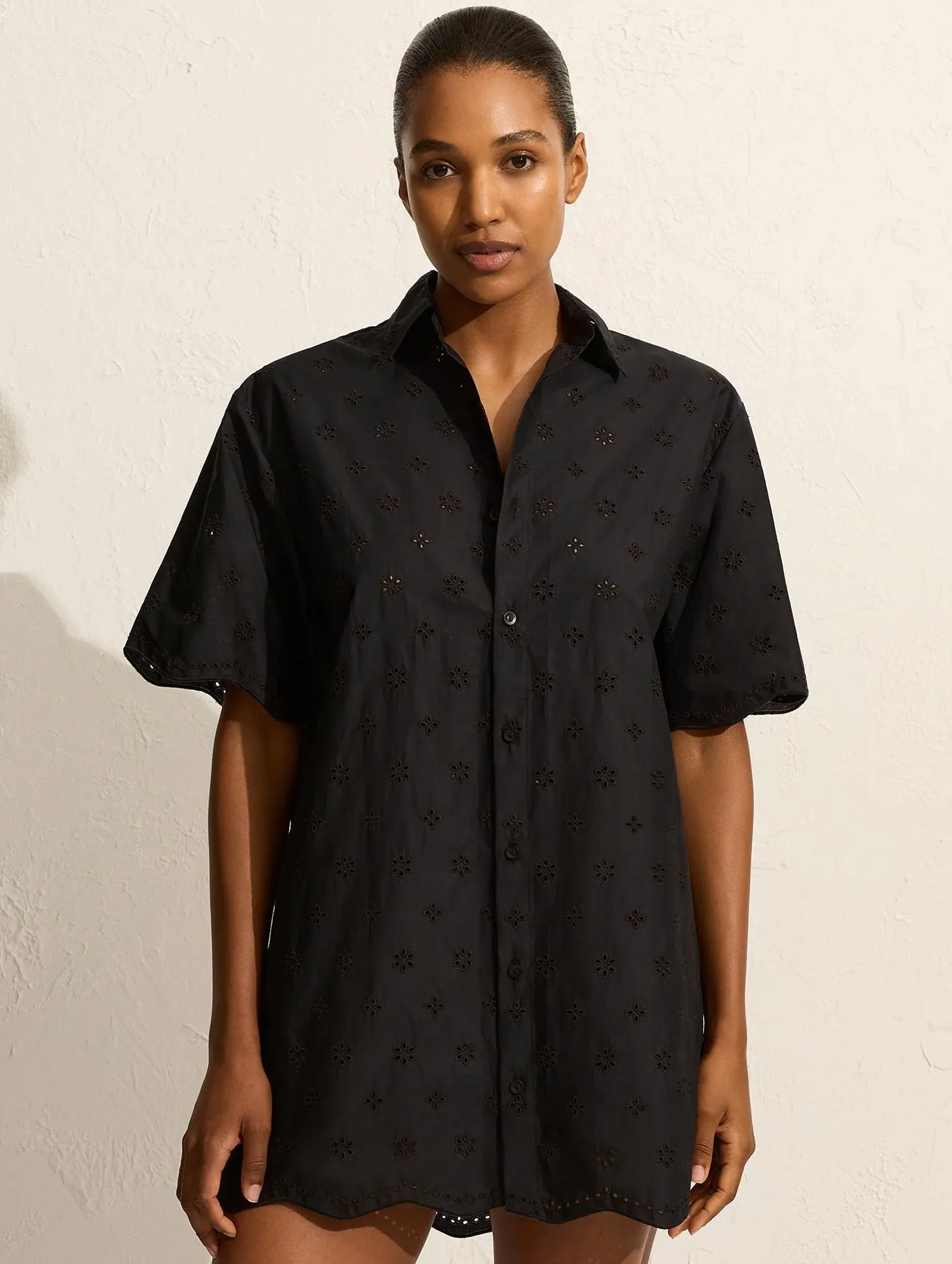 Broderie Mini Shirt Dress in Black