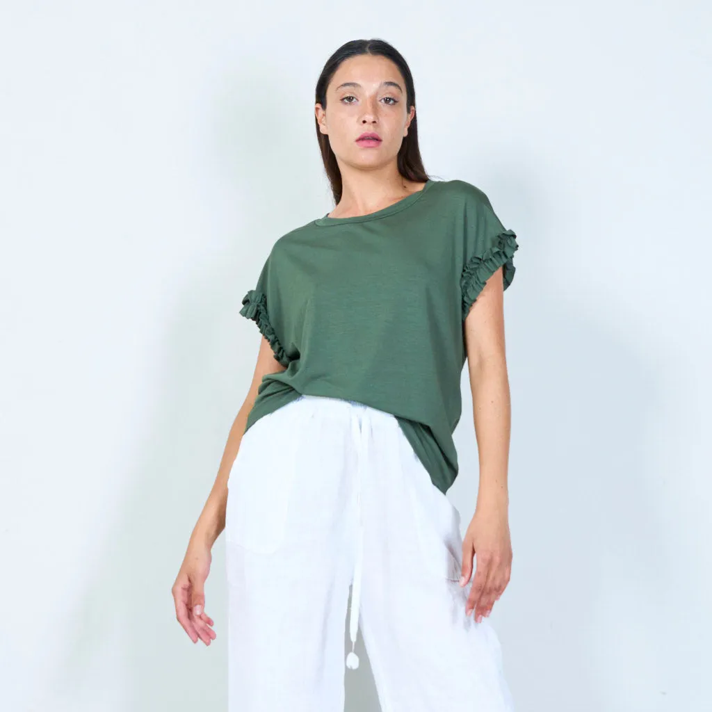 Casual crew neck top with ruffle sleeves wholesale