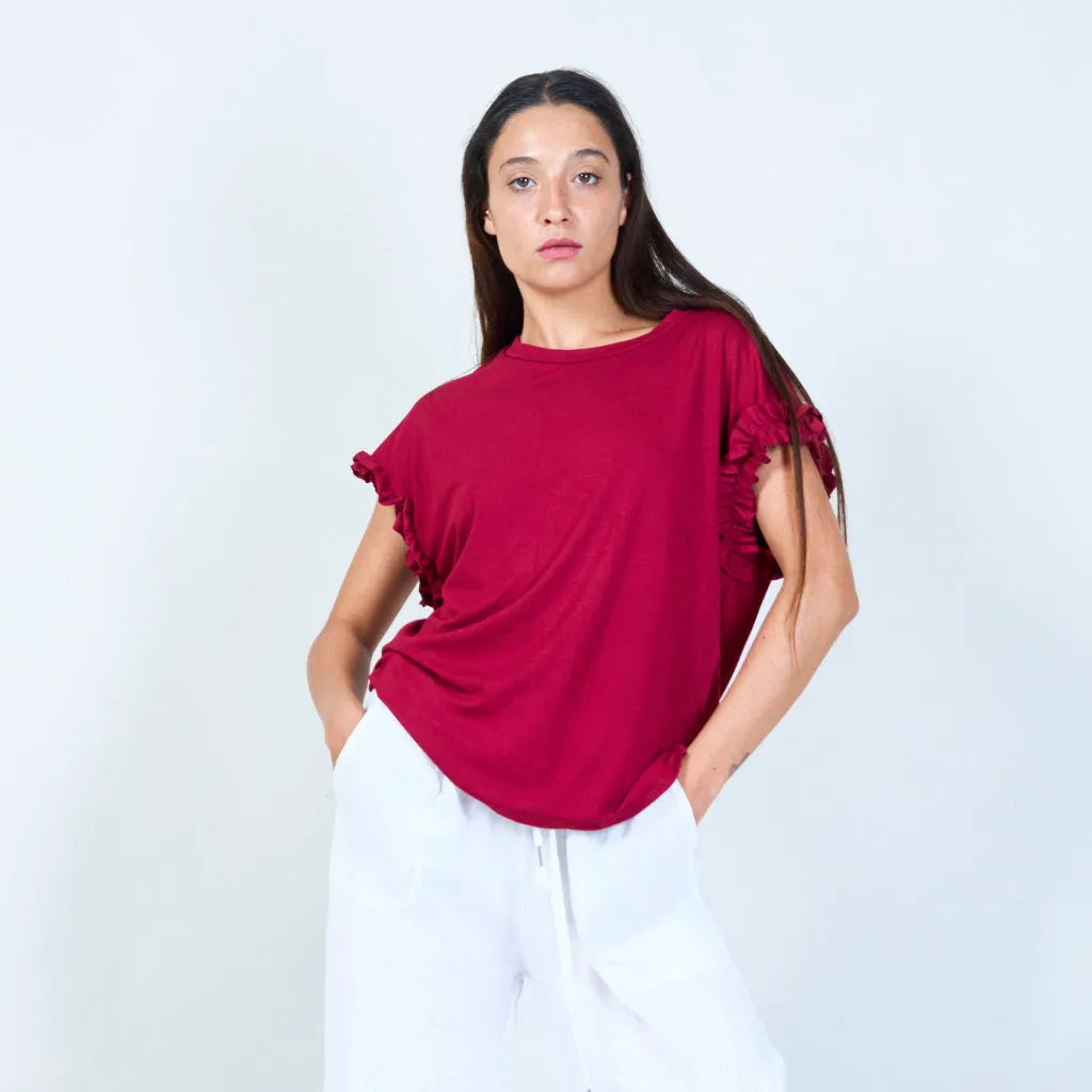 Casual crew neck top with ruffle sleeves wholesale