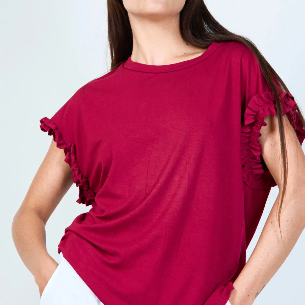 Casual crew neck top with ruffle sleeves wholesale