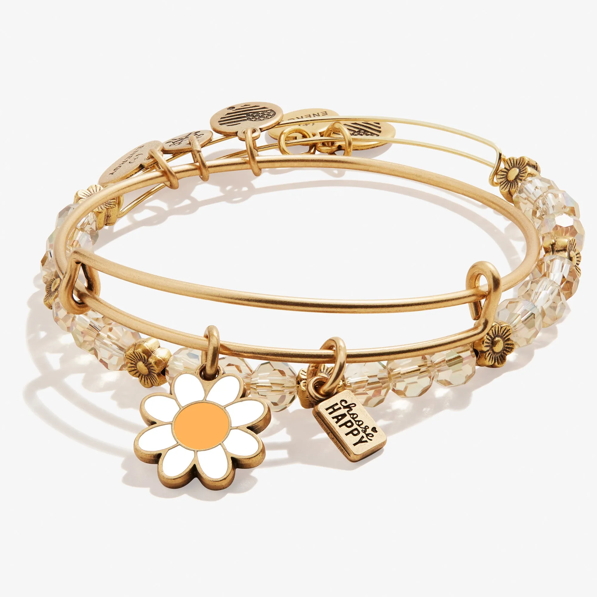 'Choose Happy' Daisy Charm Bangles, Set of 2