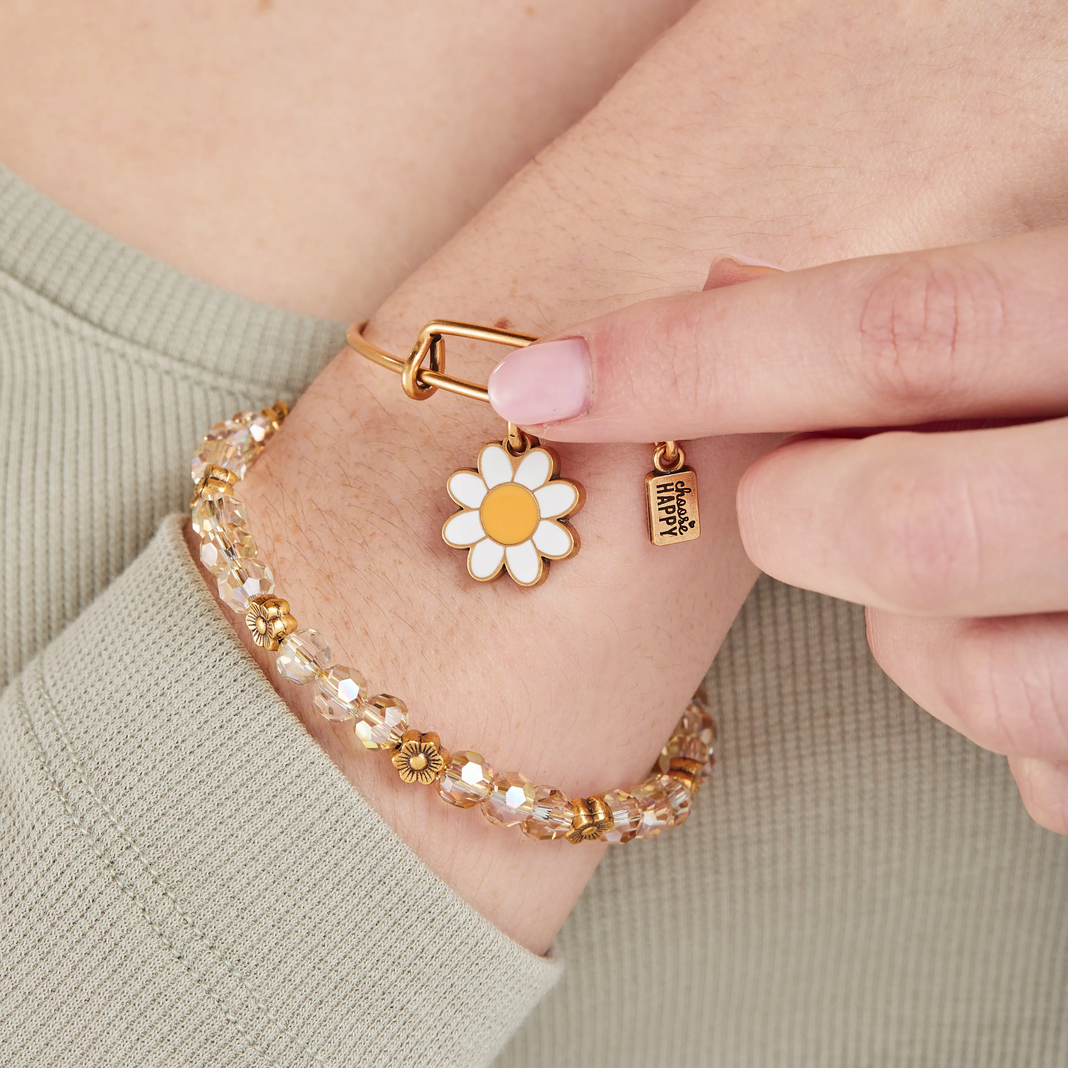 'Choose Happy' Daisy Charm Bangles, Set of 2