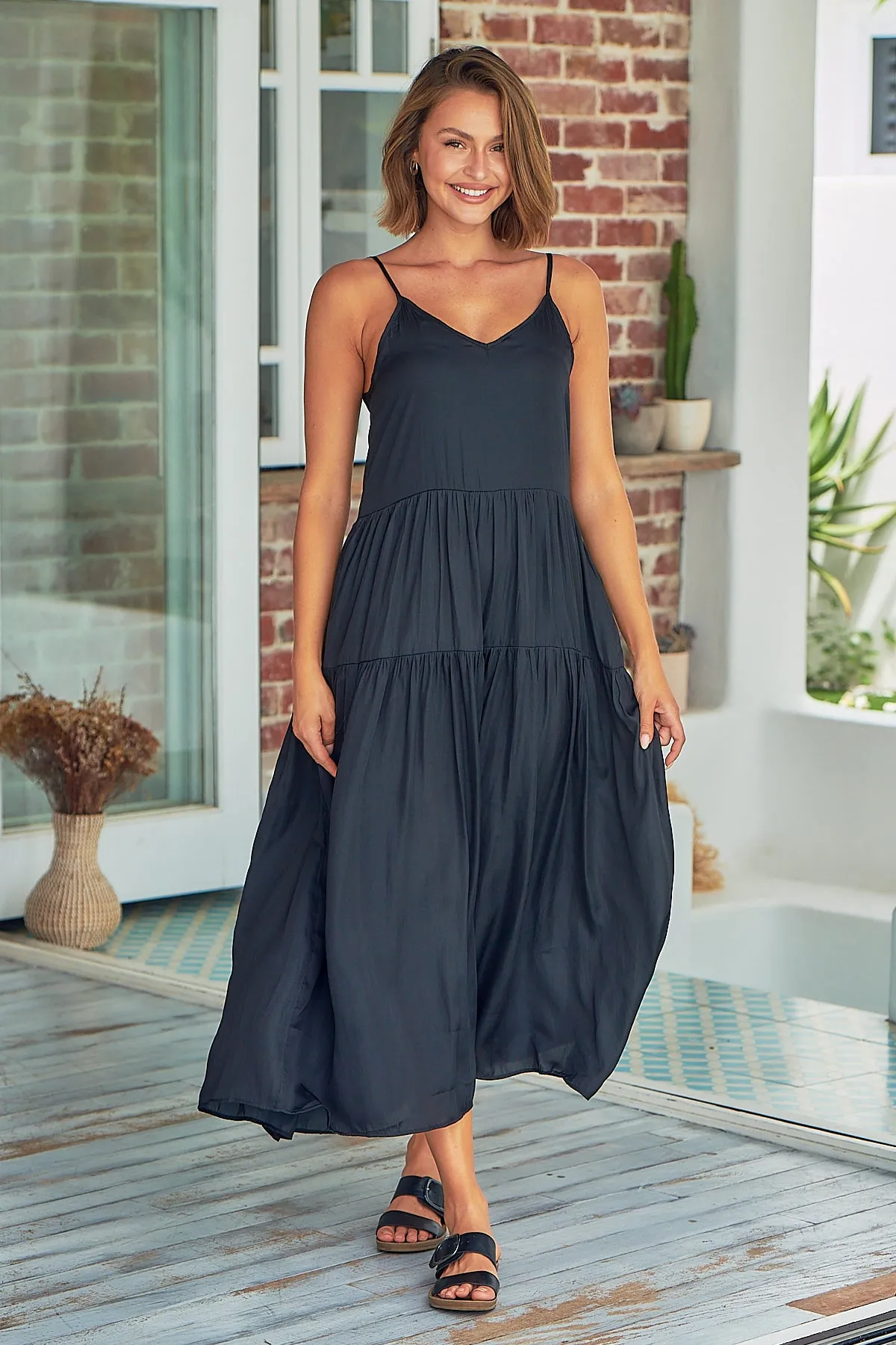 Collette Satin Tiered Black Maxi Dress