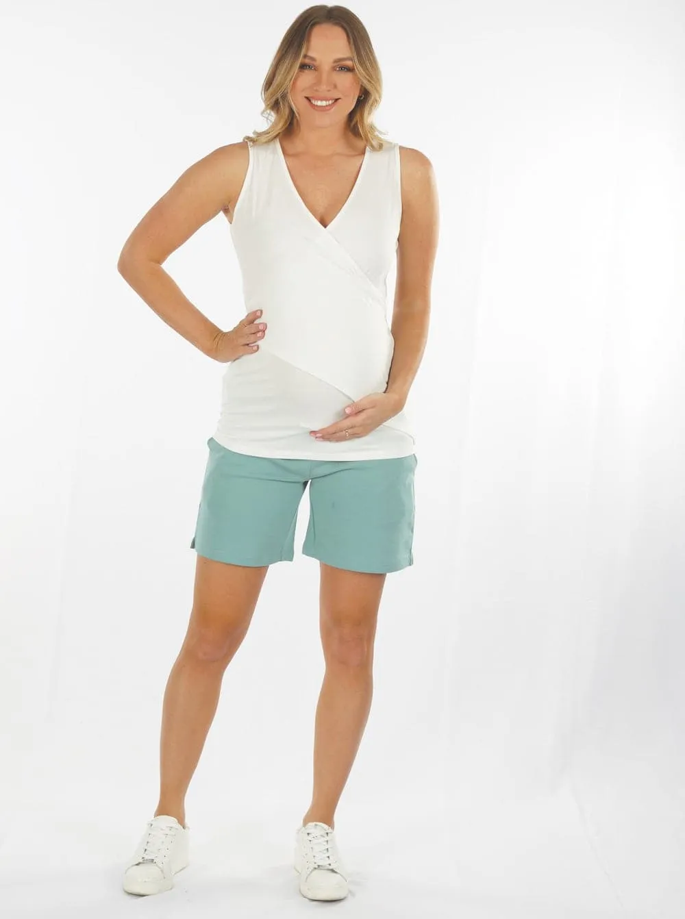 Cotton Maternity Summer Shorts in Sage