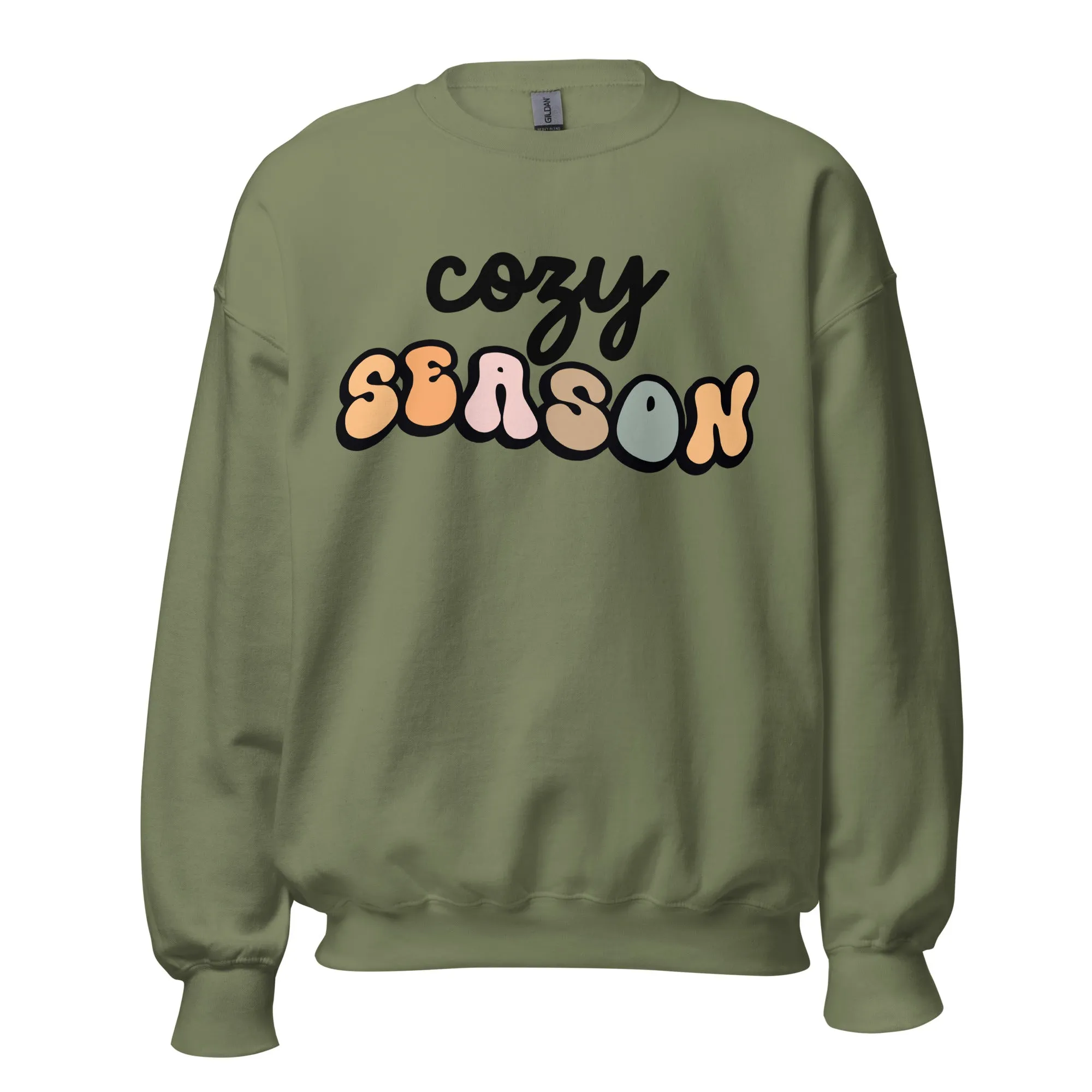 'Cozy Season' Sweatshirt in white, pink, green and tan