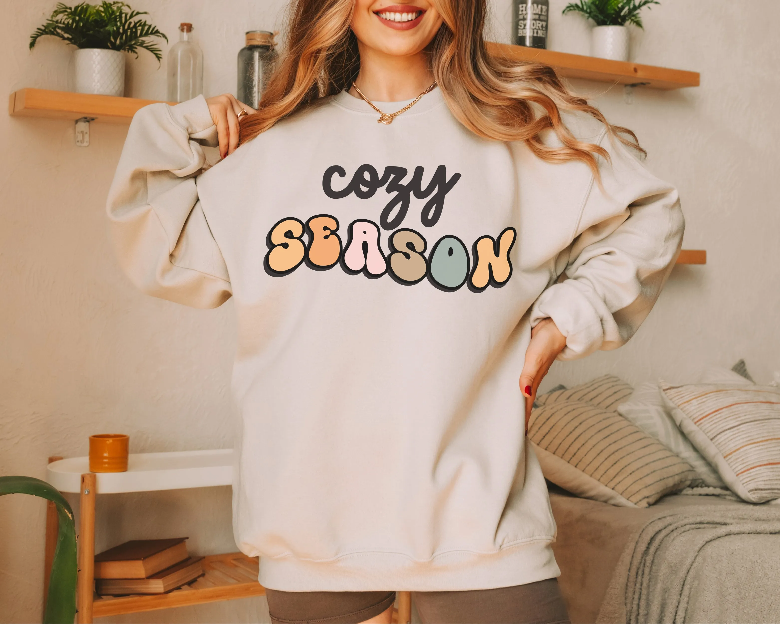 'Cozy Season' Sweatshirt in white, pink, green and tan