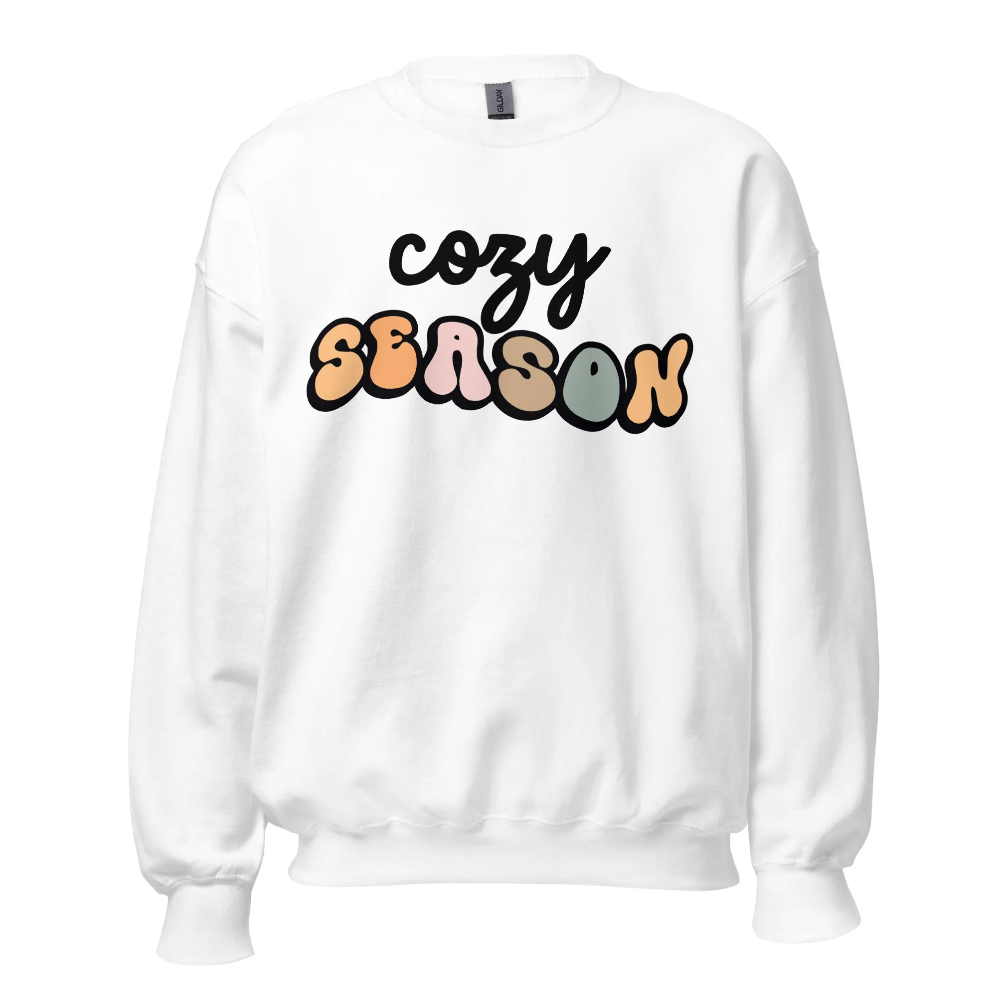 'Cozy Season' Sweatshirt in white, pink, green and tan