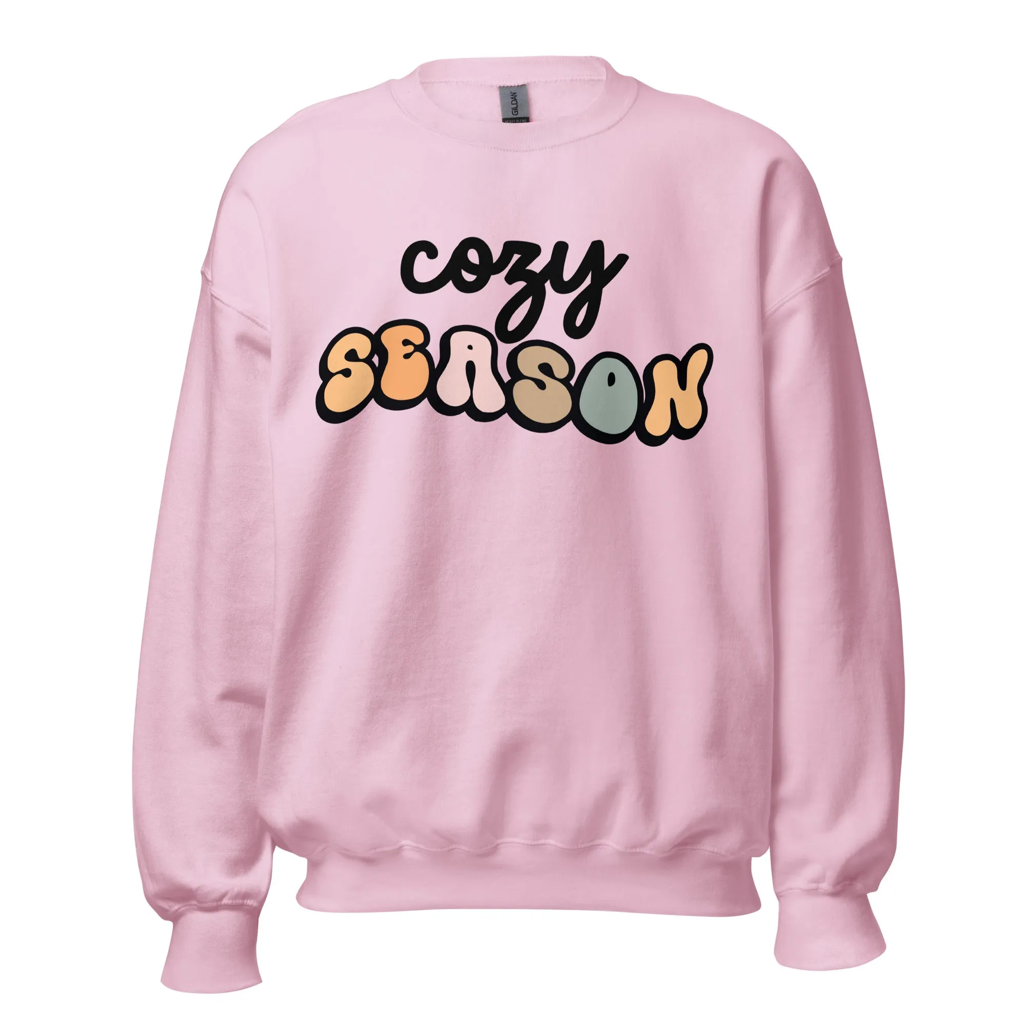 'Cozy Season' Sweatshirt in white, pink, green and tan