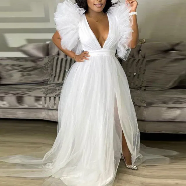 Cute Blue White Ruffles Tulle Ball Gowns for To Birthday Long Party Dresses Sexy Deep V Neck Puff Sleeve Maxi Dress