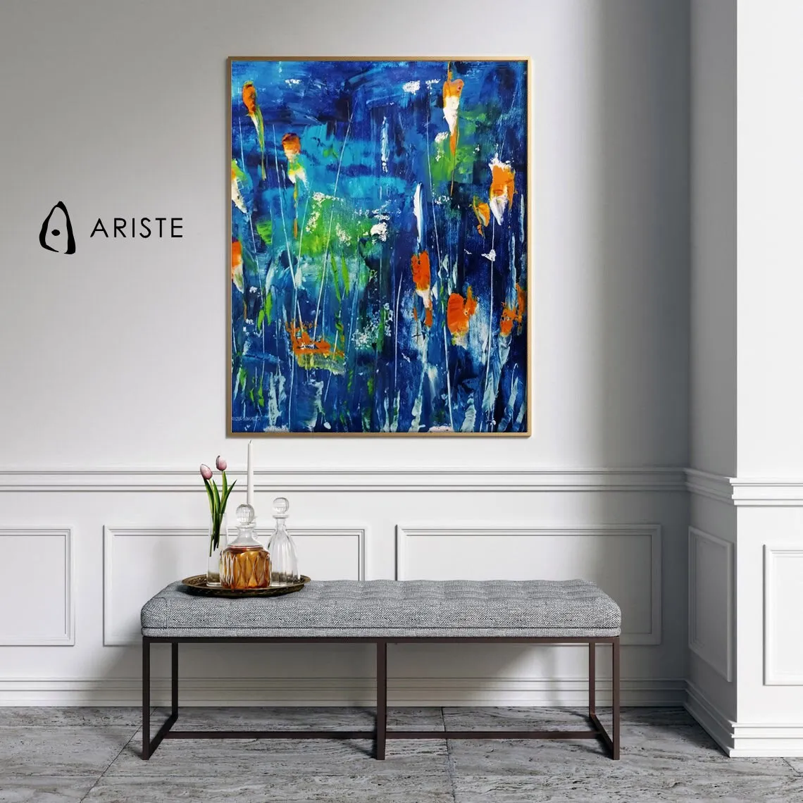 Dark blue & orange large abstract flower paintings made to order in a custom size