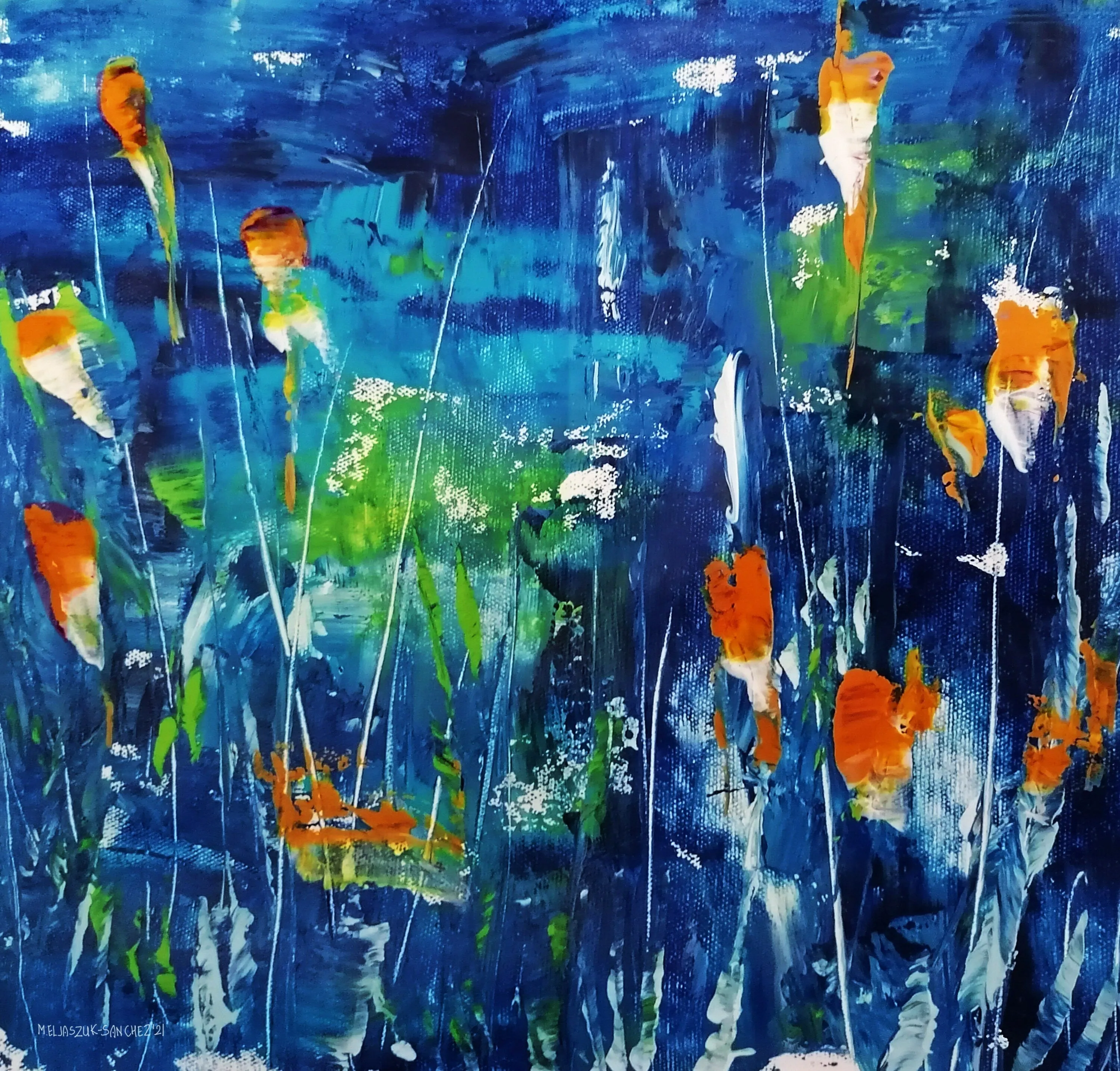 Dark blue & orange large abstract flower paintings made to order in a custom size