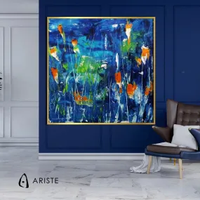 Dark blue & orange large abstract flower paintings made to order in a custom size