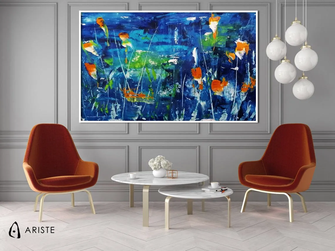 Dark blue & orange large abstract flower paintings made to order in a custom size