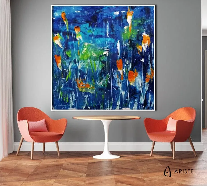 Dark blue & orange large abstract flower paintings made to order in a custom size