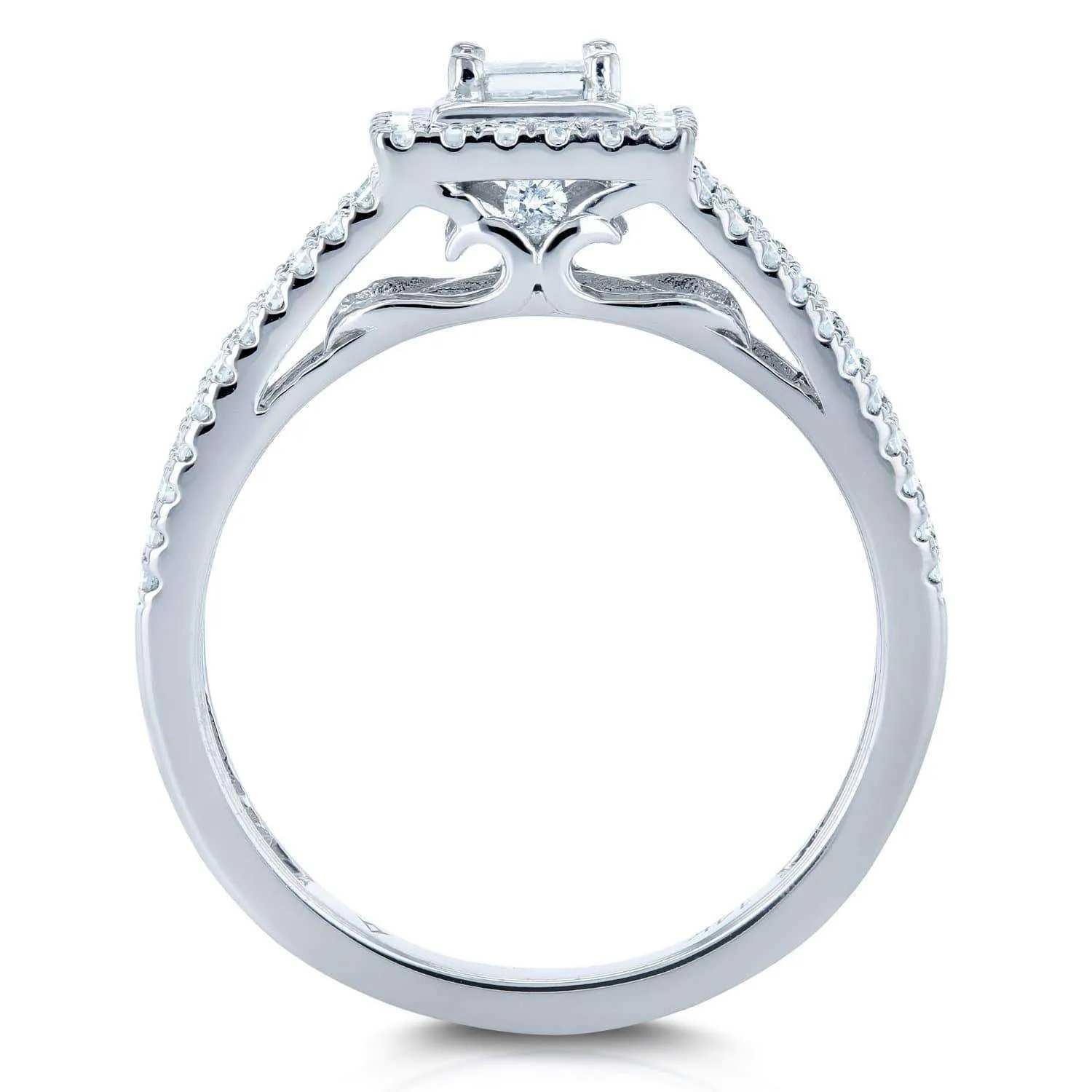 Diamond Princess Halo Split Band Engagement Ring 1/2ct TW 14k White Gold