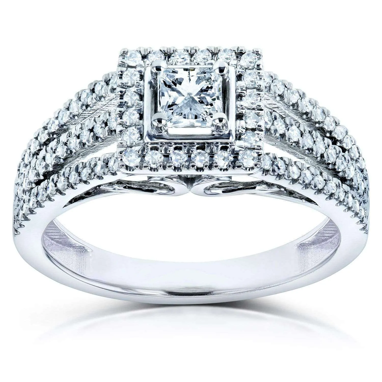 Diamond Princess Halo Split Band Engagement Ring 1/2ct TW 14k White Gold