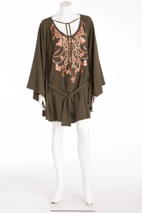 Emilio Pucci - Olive Green & Coral Embellishments Dress with Kimono Style Sleeves IT 42