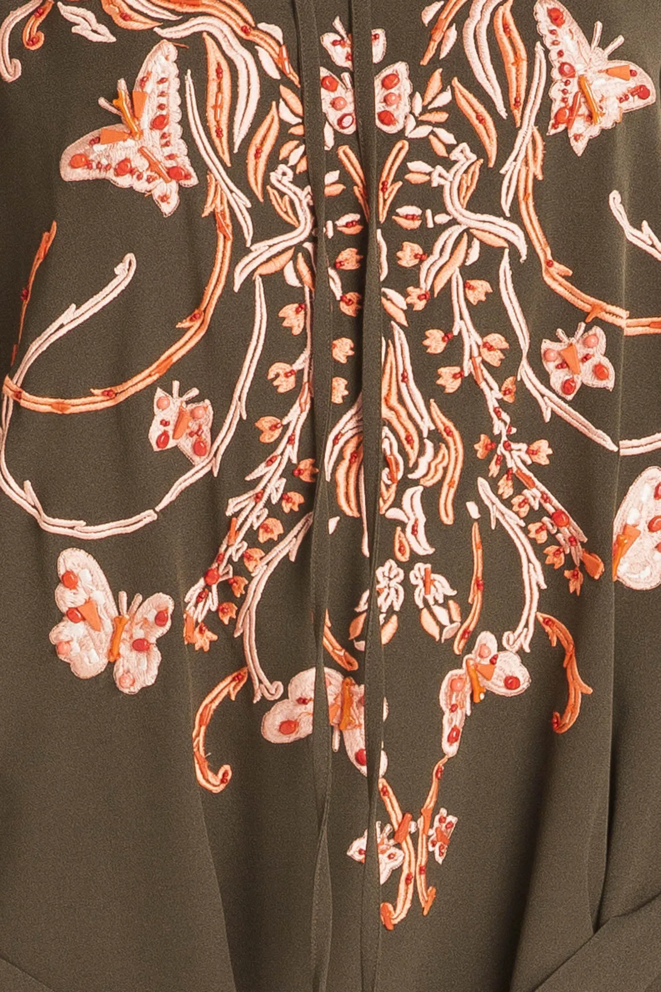 Emilio Pucci - Olive Green & Coral Embellishments Dress with Kimono Style Sleeves IT 42