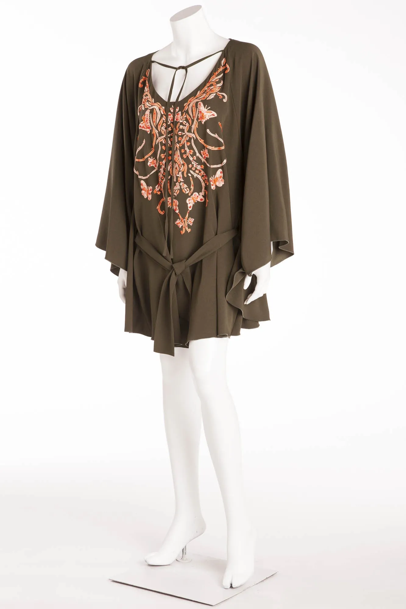 Emilio Pucci - Olive Green & Coral Embellishments Dress with Kimono Style Sleeves IT 42