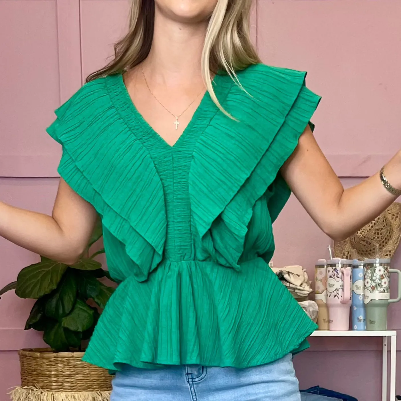 Envy Me Green V-Neck Ruffled Top