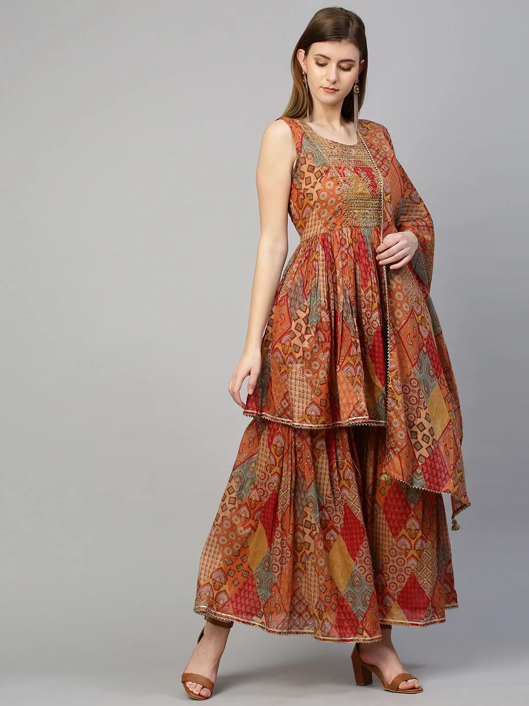 Ethnic Embroidered & Printed Kurta with Sharara with Dupatta - Dusty Orange