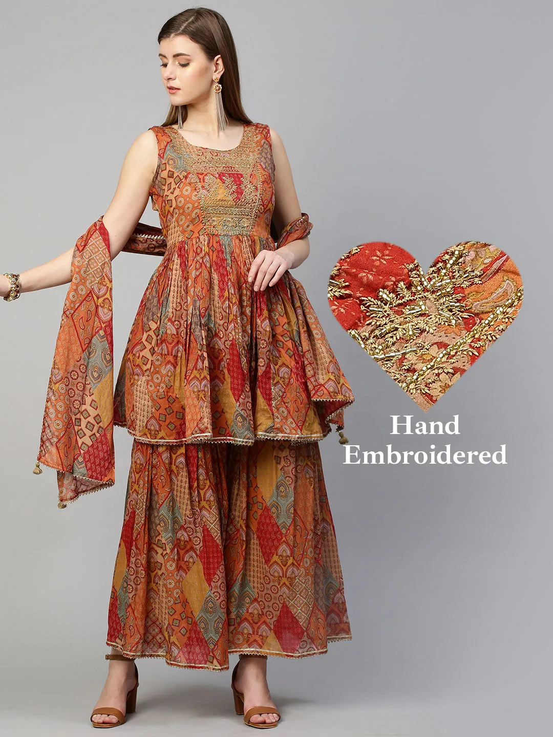 Ethnic Embroidered & Printed Kurta with Sharara with Dupatta - Dusty Orange