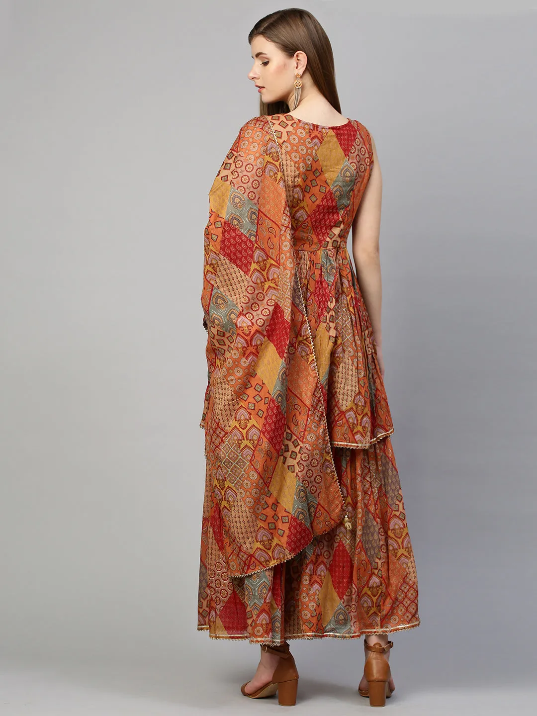 Ethnic Embroidered & Printed Kurta with Sharara with Dupatta - Dusty Orange