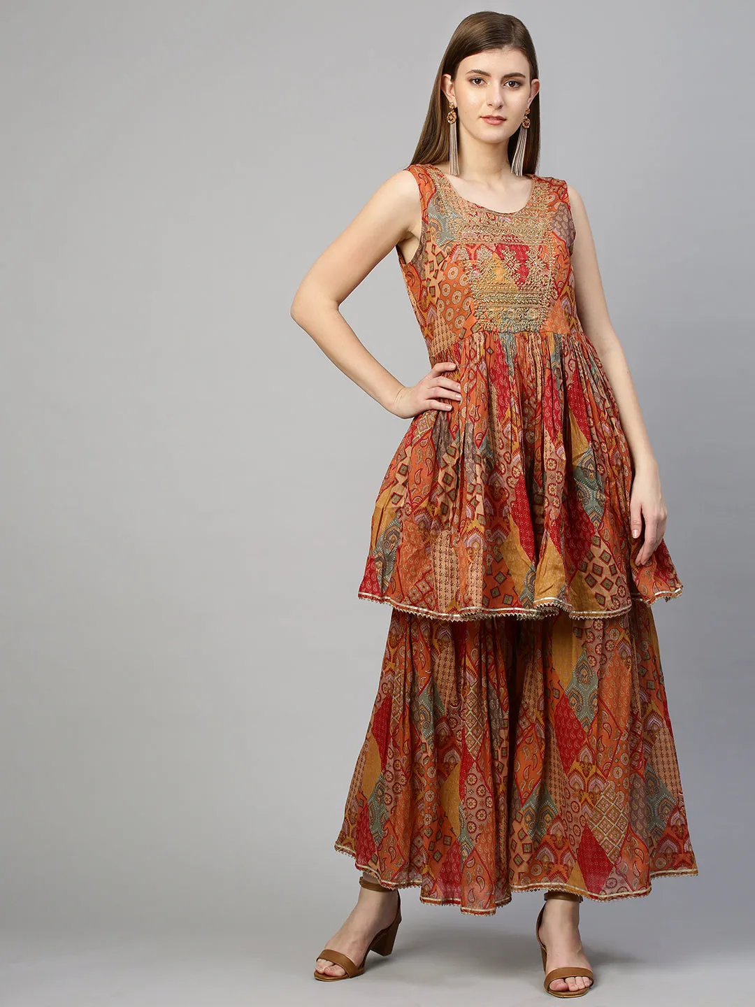 Ethnic Embroidered & Printed Kurta with Sharara with Dupatta - Dusty Orange