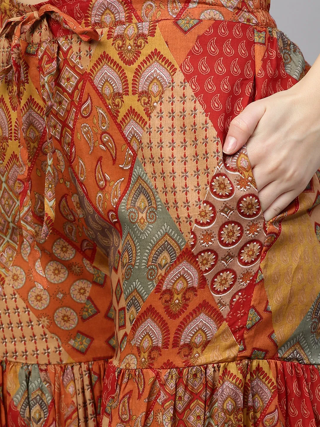 Ethnic Embroidered & Printed Kurta with Sharara with Dupatta - Dusty Orange