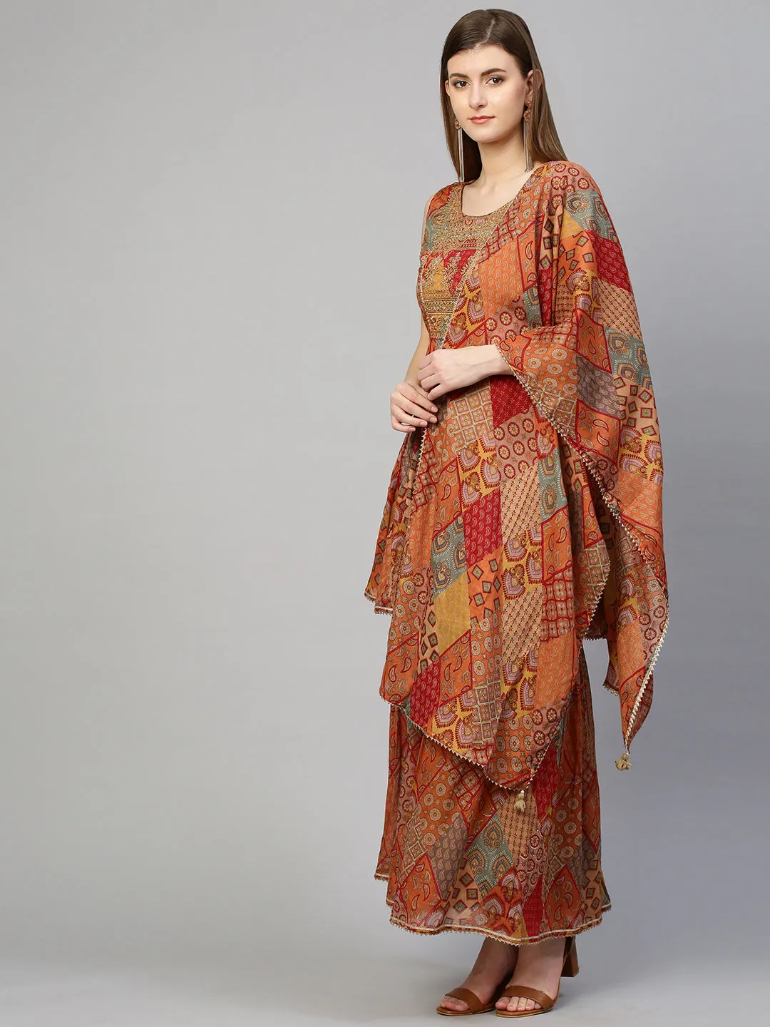 Ethnic Embroidered & Printed Kurta with Sharara with Dupatta - Dusty Orange