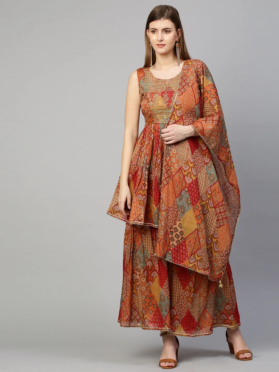 Ethnic Embroidered & Printed Kurta with Sharara with Dupatta - Dusty Orange