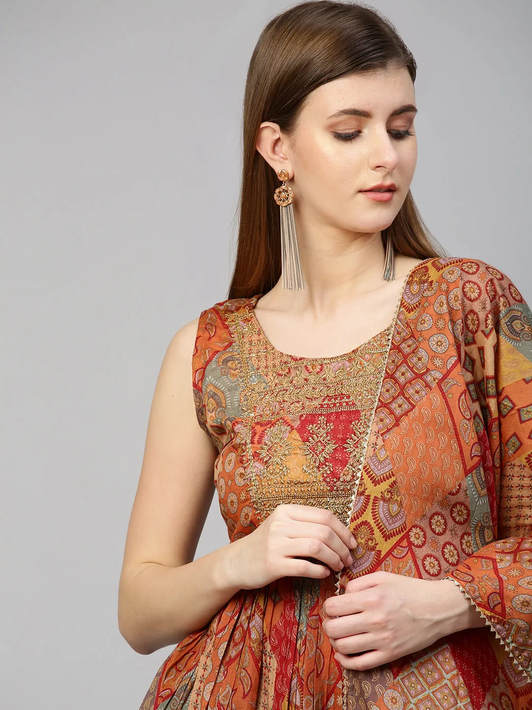 Ethnic Embroidered & Printed Kurta with Sharara with Dupatta - Dusty Orange