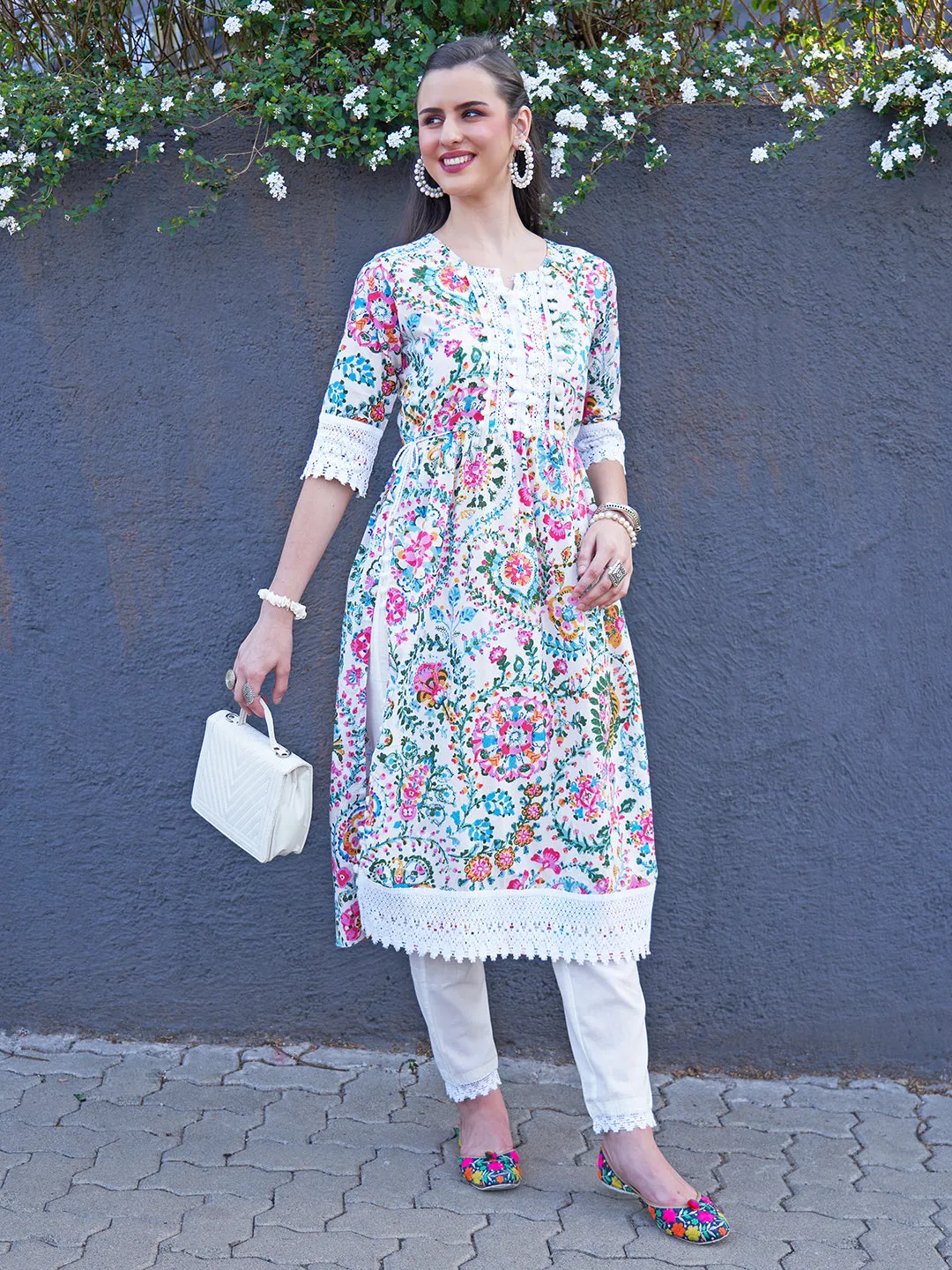 Ethnic Floral Printed A-Line Kurta with Pant - Multi