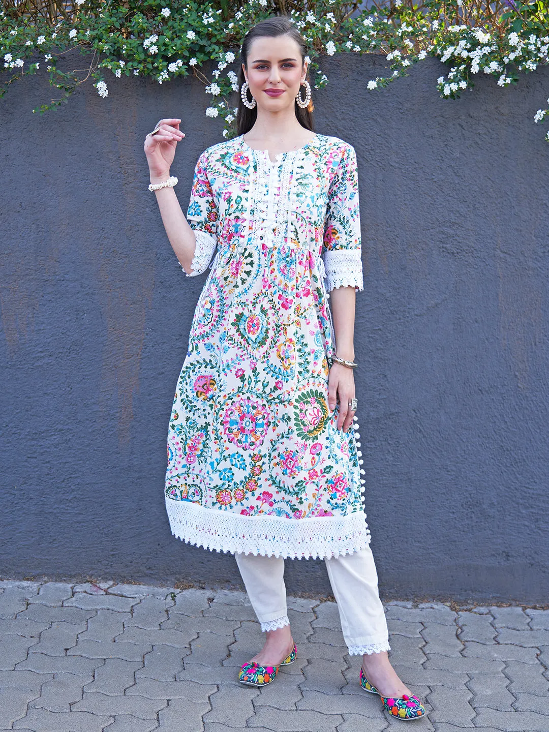 Ethnic Floral Printed A-Line Kurta with Pant - Multi