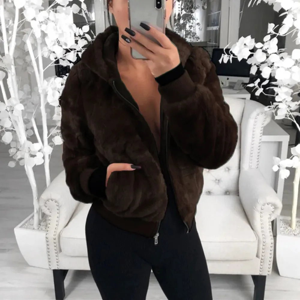 Flytonn-2023 Faux Fur Coat Women With Hood New Oversize Coats High Waist Female Slim Fit Overcoat Tops Winter Warm Plush Jackets Outwear