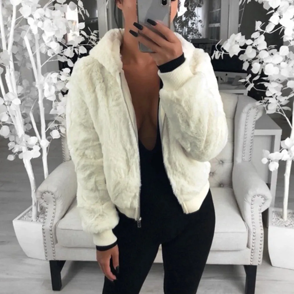 Flytonn-2023 Faux Fur Coat Women With Hood New Oversize Coats High Waist Female Slim Fit Overcoat Tops Winter Warm Plush Jackets Outwear