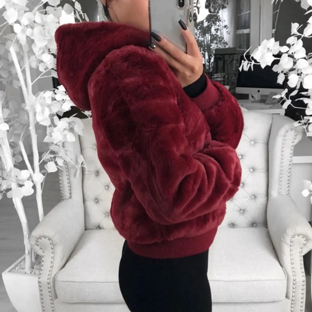 Flytonn-2023 Faux Fur Coat Women With Hood New Oversize Coats High Waist Female Slim Fit Overcoat Tops Winter Warm Plush Jackets Outwear