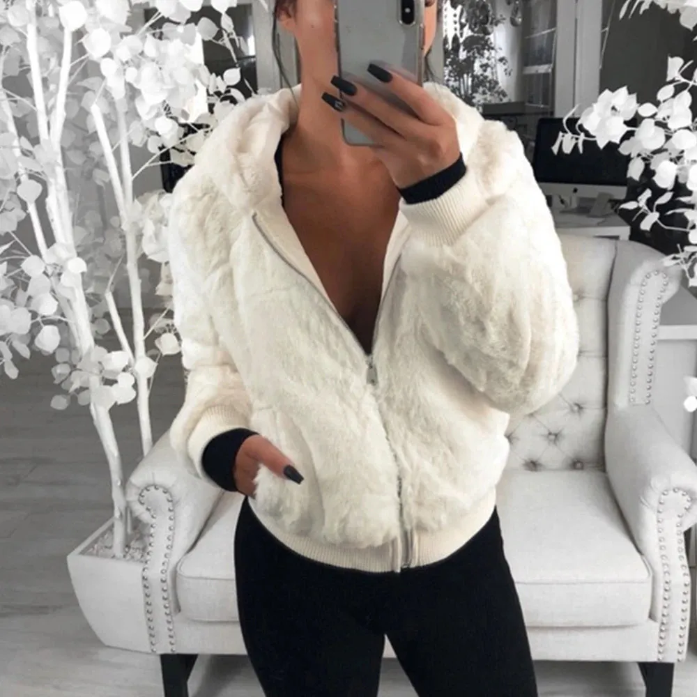 Flytonn-2023 Faux Fur Coat Women With Hood New Oversize Coats High Waist Female Slim Fit Overcoat Tops Winter Warm Plush Jackets Outwear