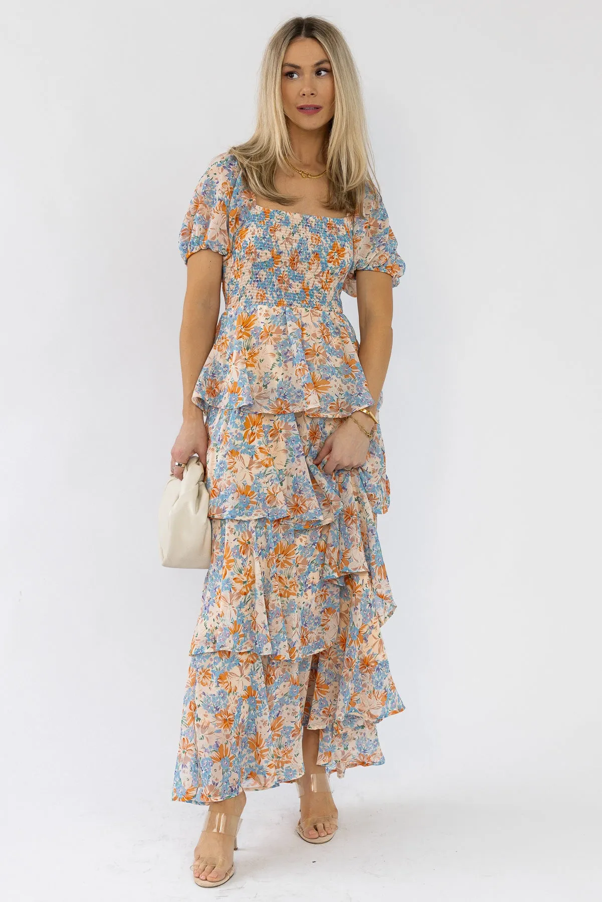 Garden Goddess Orange Floral Maxi Dress