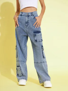 Girls Blue Acid Wash Multi Pockets Straight Jeans