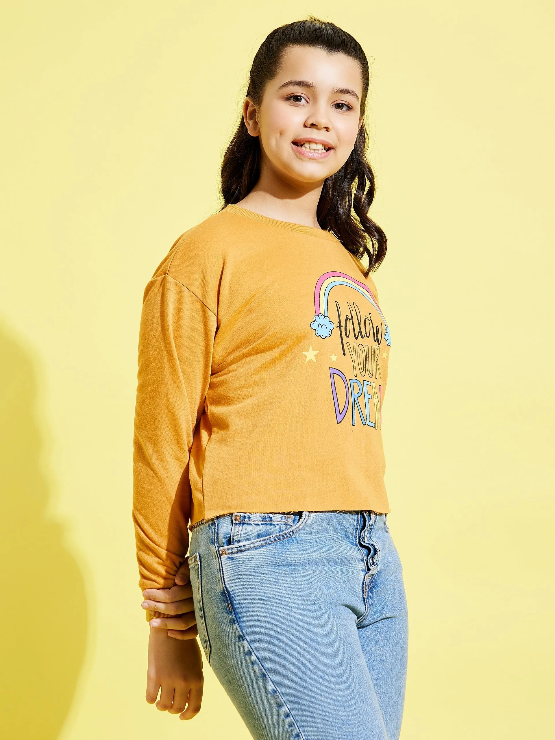 Girls Mustard Terry FOLLOW DREAM Crop Sweatshirt