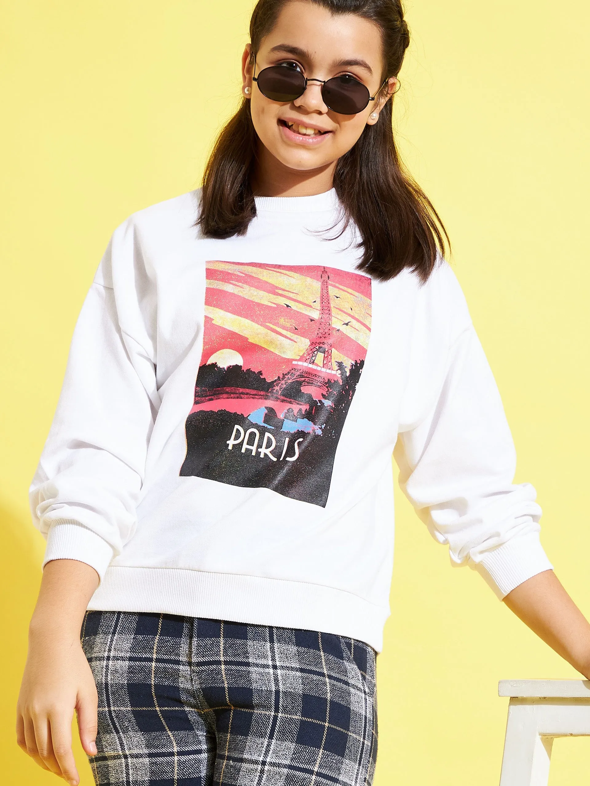 Girls White Terry PARIS Drop Shoulder Sweatshirt