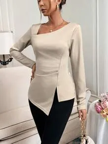 IRREGULAR HEM PLEATED LONG SLEEVE T-SHIRT