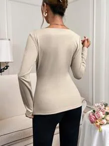 IRREGULAR HEM PLEATED LONG SLEEVE T-SHIRT